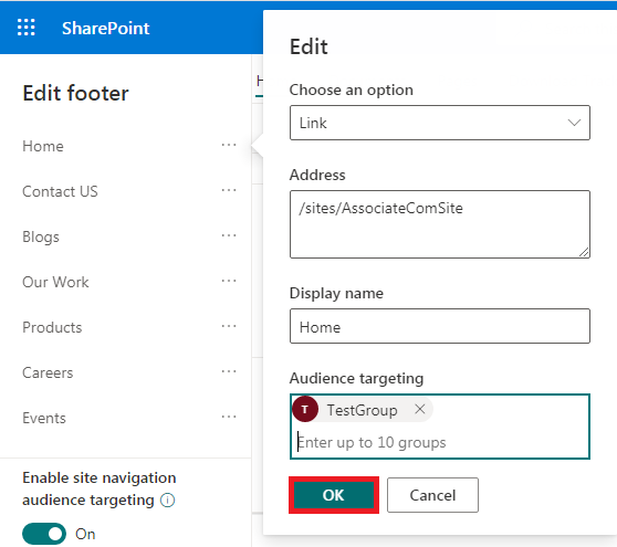 How to set up Audience Targeting in Footer links in Modern Communicati